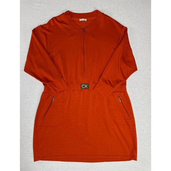 Calvin Klein Orange Zip-Front Knit Dress - Long Sleeve Casual Midi with Pockets - Picture 4 of 12
